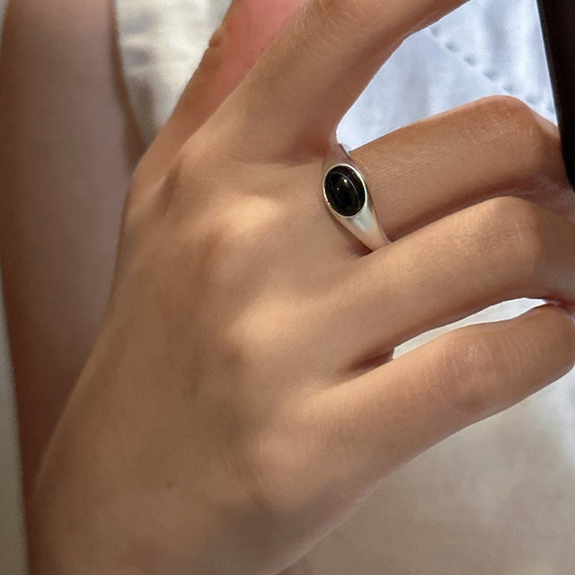 Black Agate Silver Ring