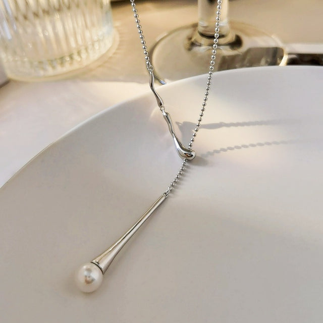 Long Pearl Drop Silver Necklace