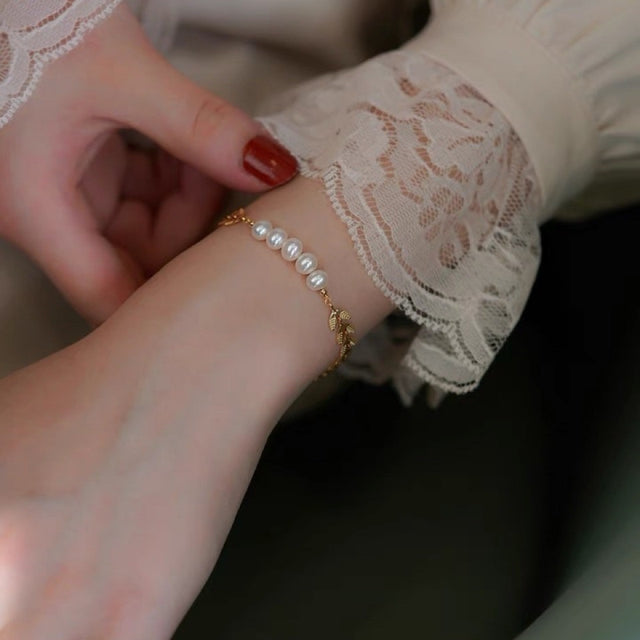 Gold Leaves And Pearl Bracelet