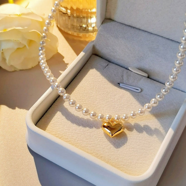 Gold Heart Drop Pearl Necklace