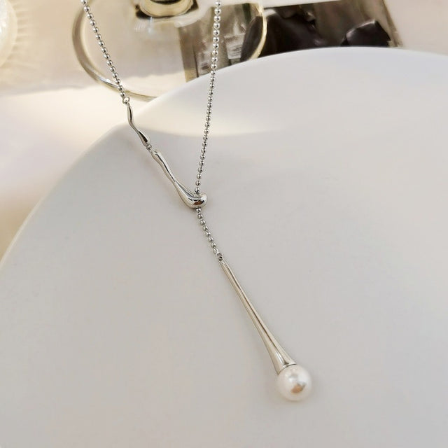 Long Pearl Drop Silver Necklace