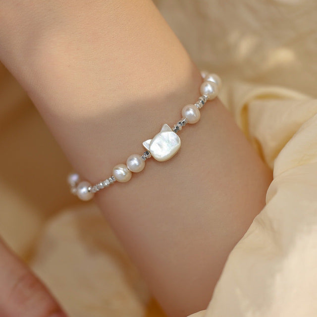 Cute Kitty Pearl and Silver Bracelet