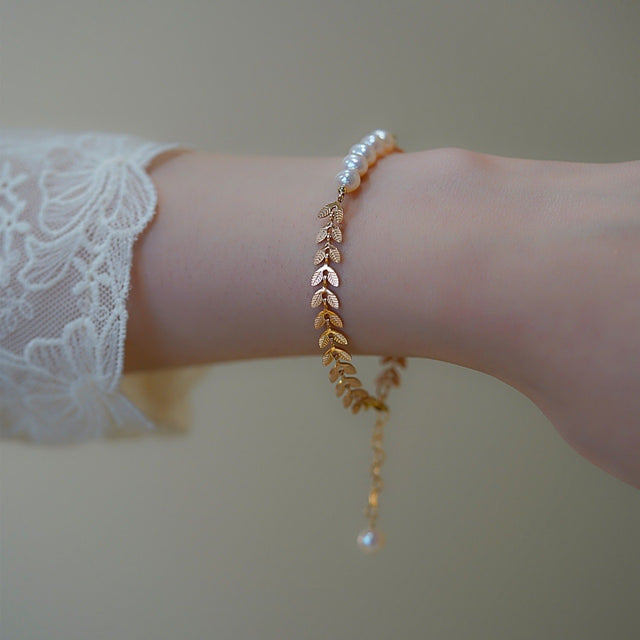 Gold Leaves And Pearl Bracelet