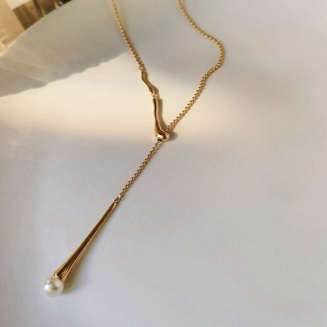 Long Pearl Drop Silver Necklace