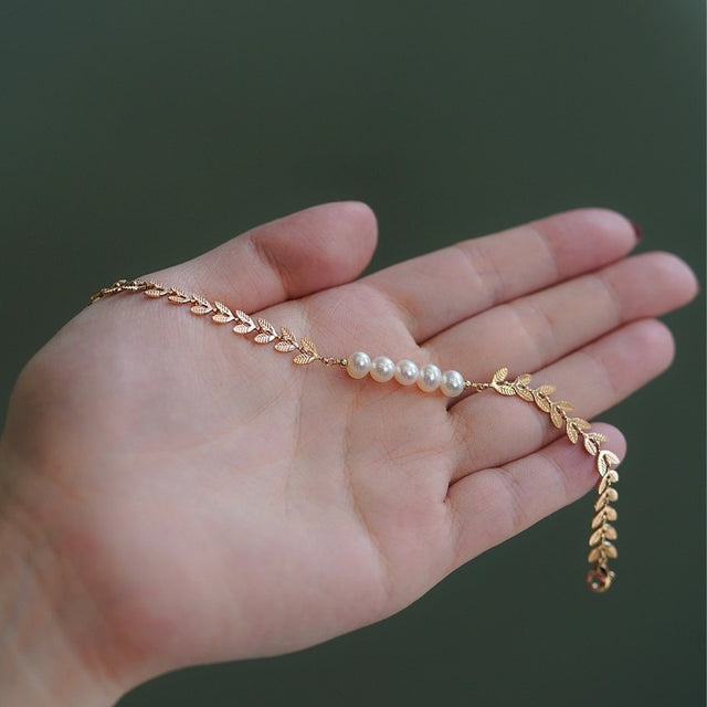 Gold Leaves And Pearl Bracelet