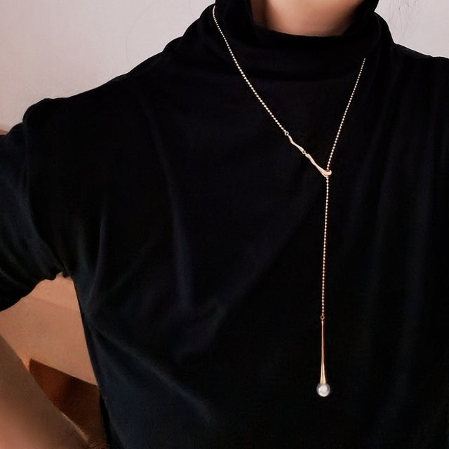 Long Pearl Drop Silver Necklace