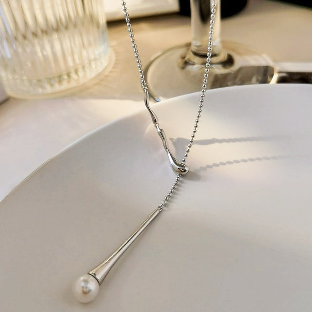 Long Pearl Drop Silver Necklace