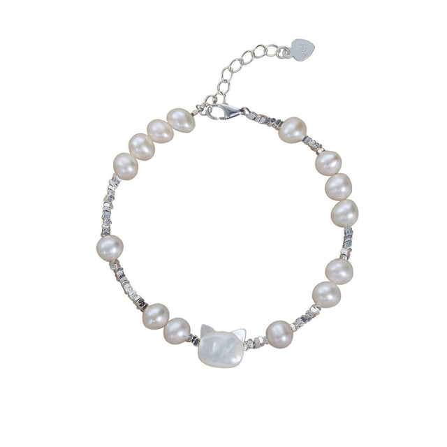 Cute Kitty Pearl and Silver Bracelet