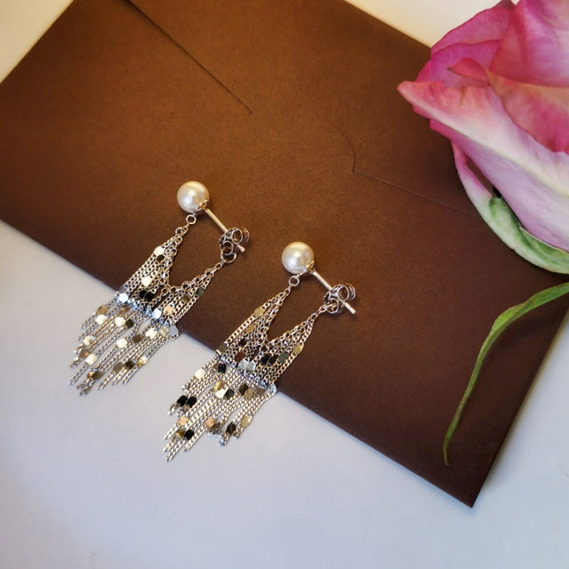 Pearl & Silver Tassel Earrings