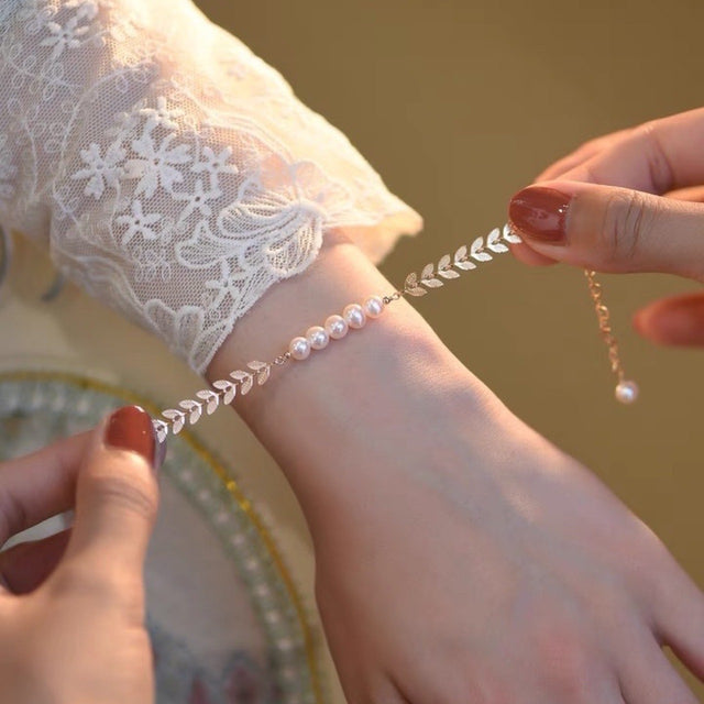 Gold Leaves And Pearl Bracelet