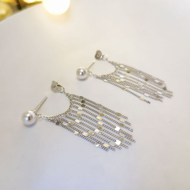 Pearl & Silver Tassel Earrings