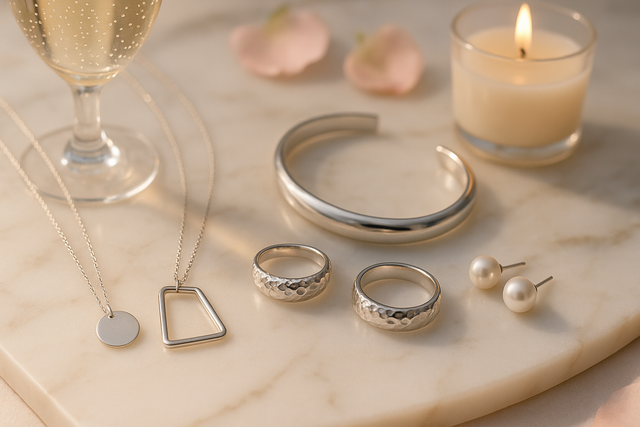 Keep the pearl earrings. But remove the diamond jewellery and focus on trendy silver jewellery